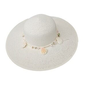 White 4.5" Wide Brim Floppy Sun Hat w/ Seashell Band 100% Paper Straw